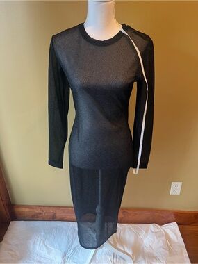 Cynthia Rowley Black Sheer Long-Sleeve Midi Dress with White Trim